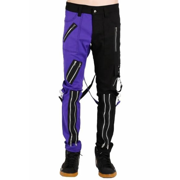 Gothic Bondage Men Pant Alternative Punk Rock Split Leg Purple/Black Emo Trouser